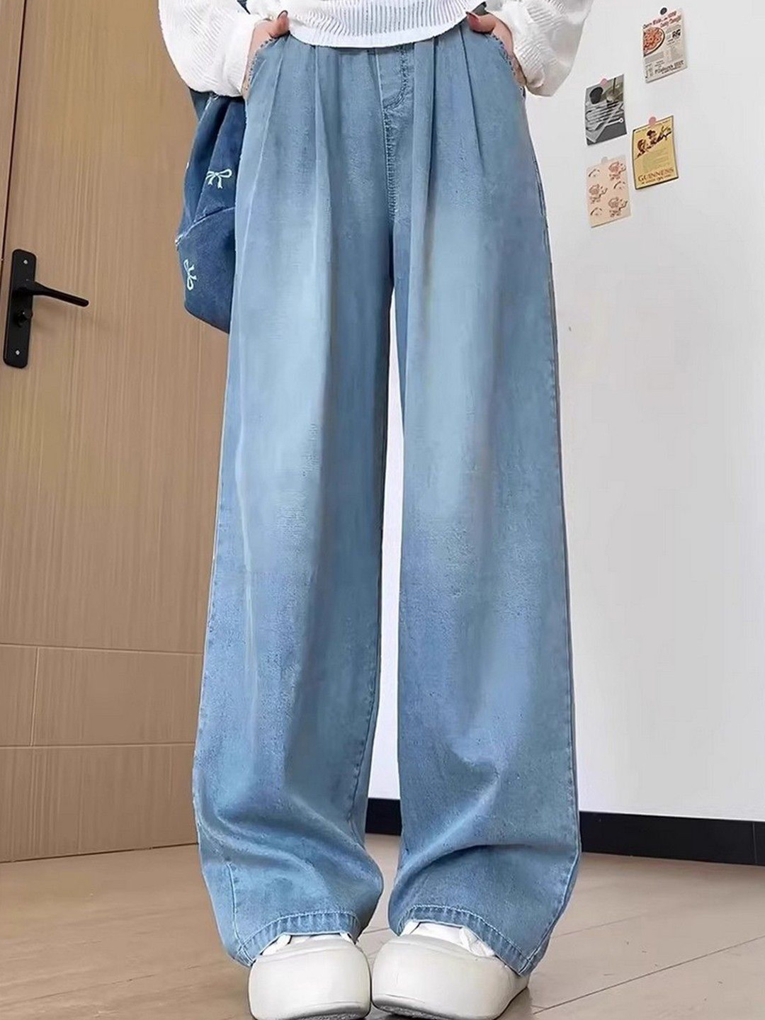 StyleCast Women Low-Rise Cotton Pleated Baggy Wide-Leg Skater Jeans