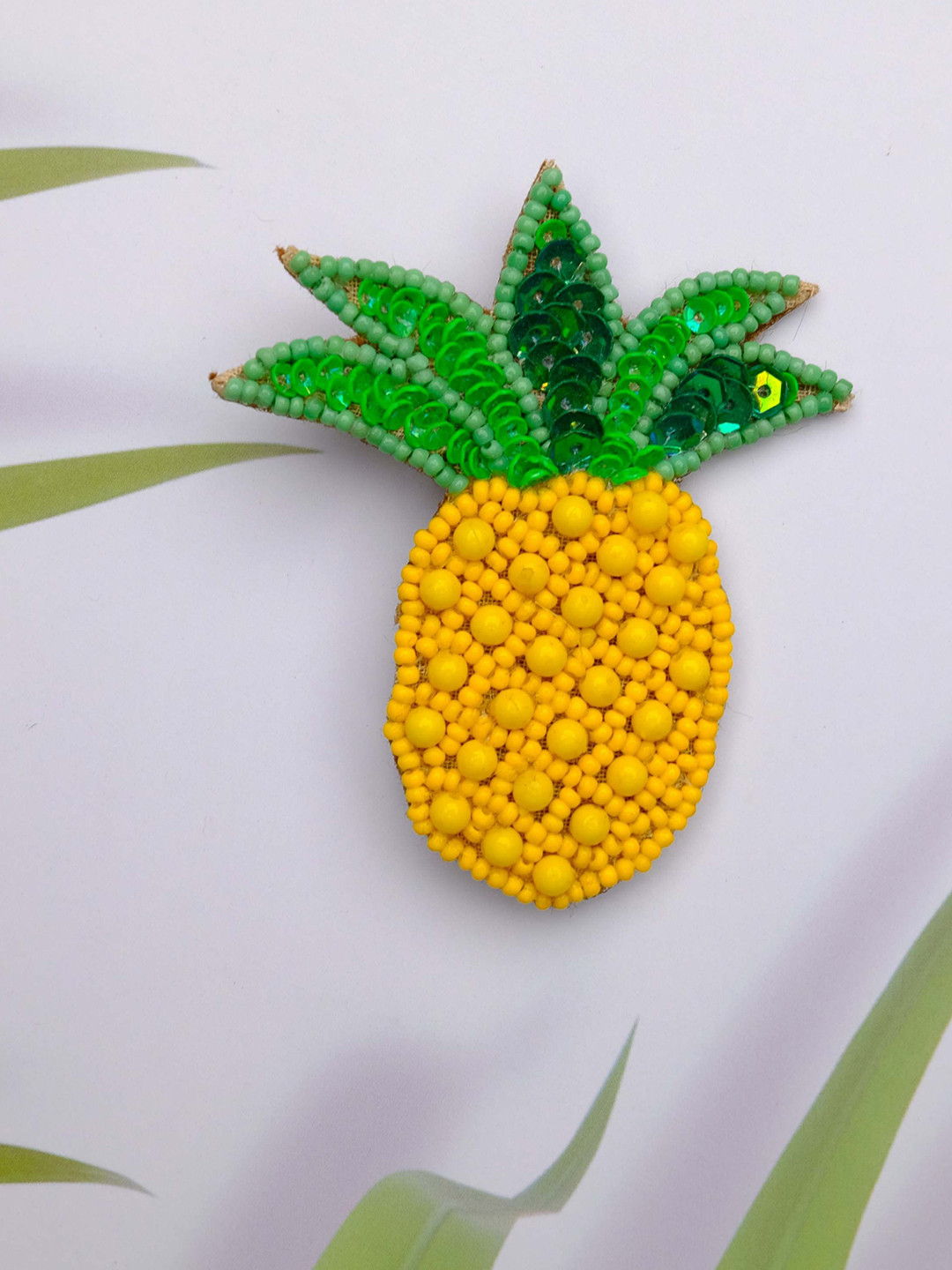 Abeo Unisex Yellow and Green Non-Silver Beaded and Sequined Pineapple Brooch