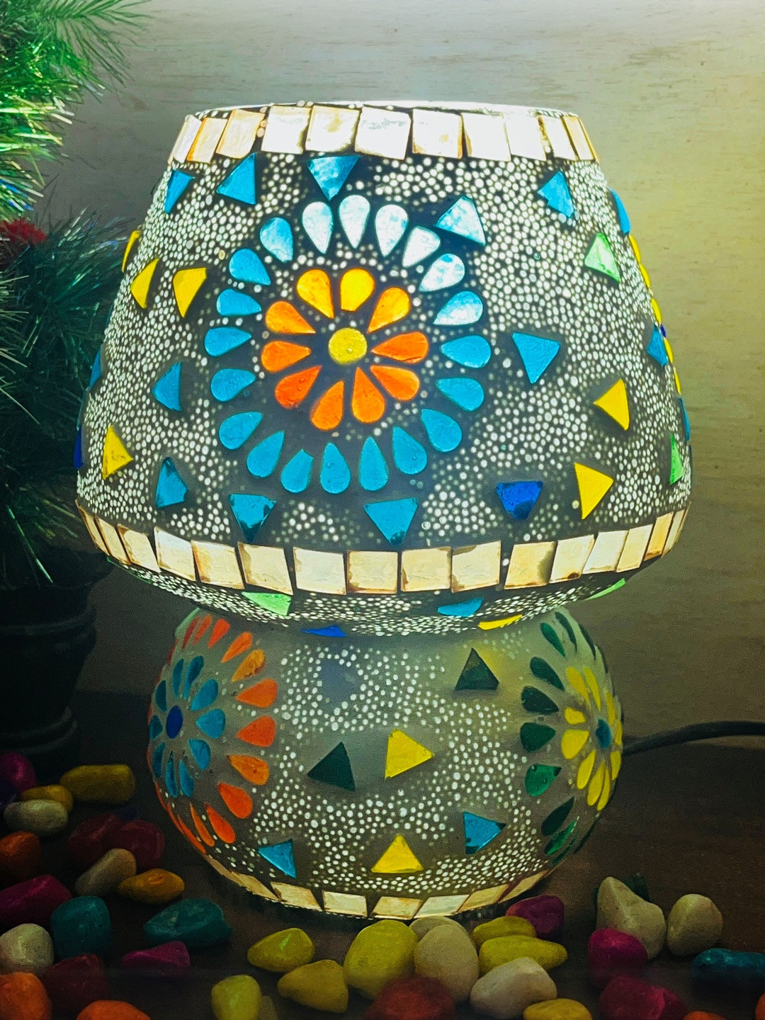DIWAM HANDICRAFTS Blue & Orange Glass Textured Abstract Shaped Table Lamp