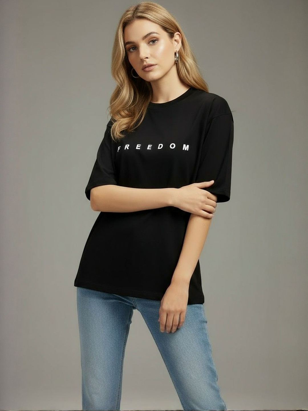 Calm Down Typography Printed Drop-Shoulder Sleeves Oversized Fit Cotton T-shirt