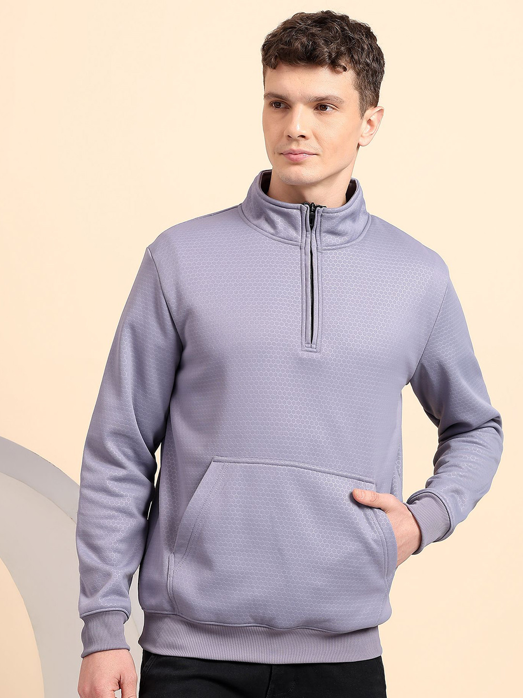 GLITO Men Self Design High Neck Long Sleeves Therma-Fit Half Zipper Sweatshirt