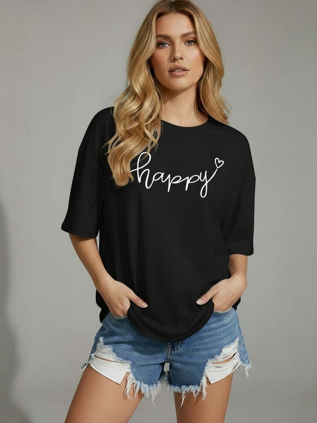 Calm Down Typography Printed Drop-Shoulder Sleeves Cotton Oversized T-shirt
