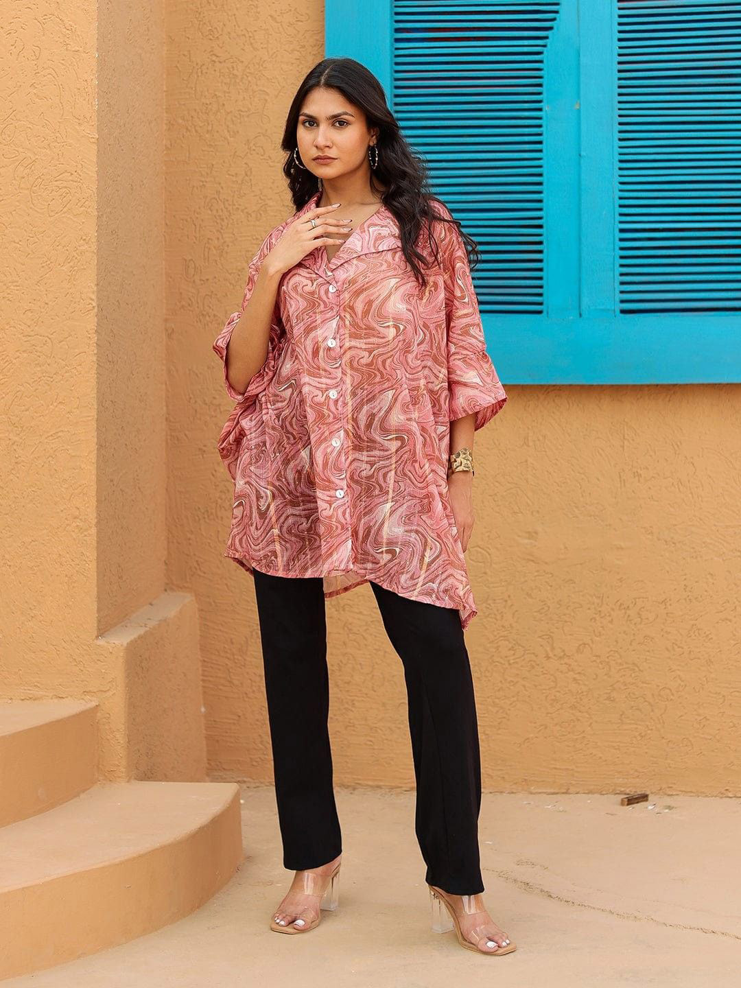 The Kaftan Company Spread Collar Abstract Printed Longline Semi Sheer Shirt