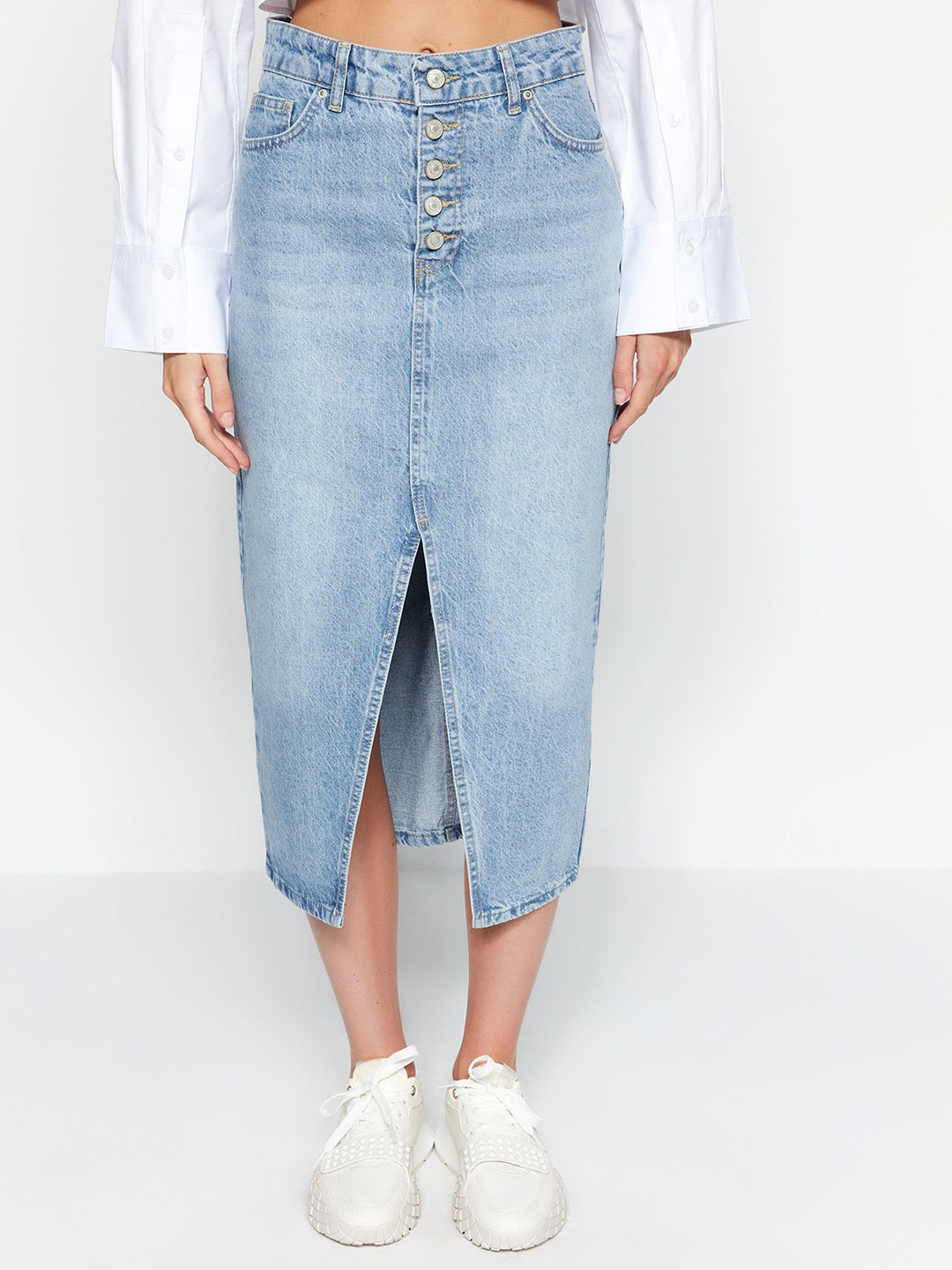 Trendyol High Waist Midi Length Pencil Denim Skirt
