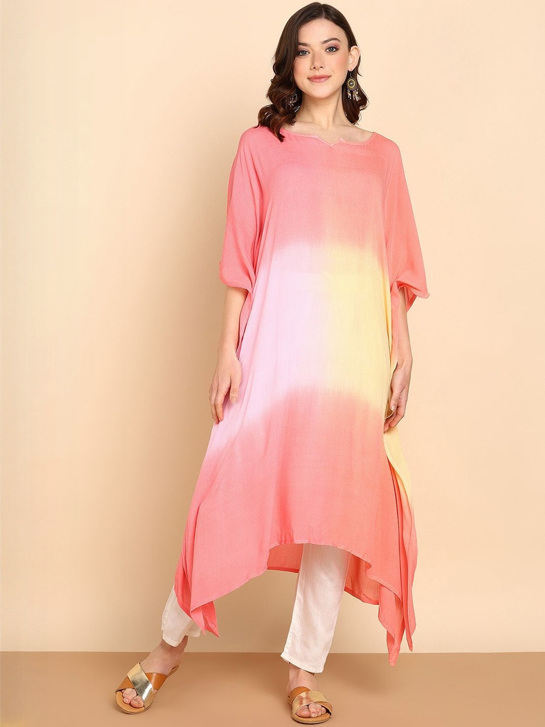 Chandbaali Women Hand Tie Dyed Extended Sleeves Pastels Kaftan Kurta