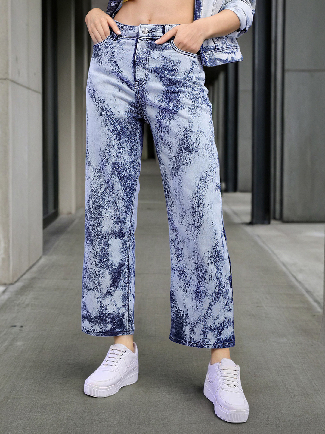 Freehand by The Indian Garage Co Women Wide Leg High-Rise Clean Look Heavy Fade Jeans