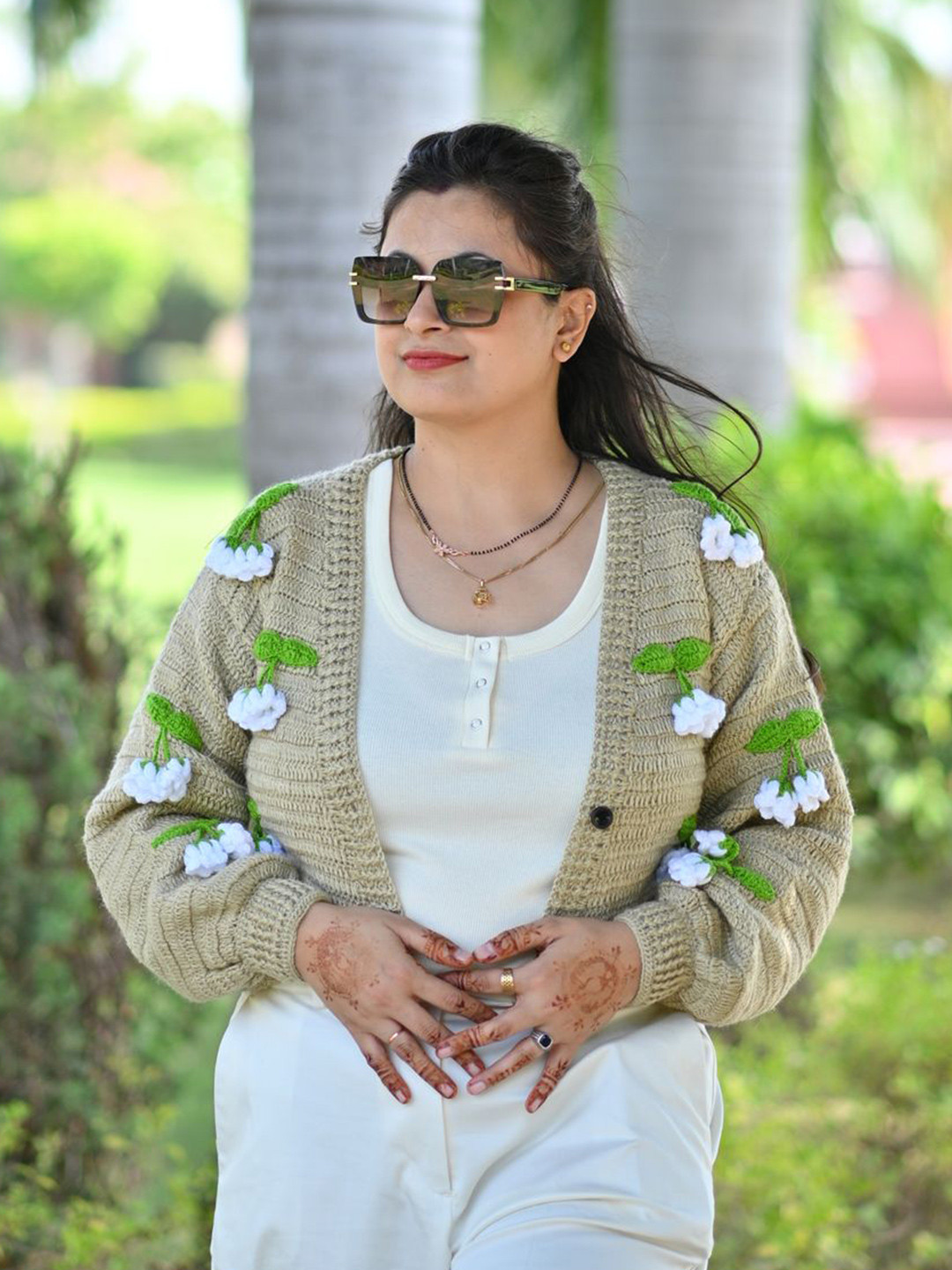 WINDROP SOLUTIONS Women Geometric Self Design V-Neck Cardigan with Applique Detail