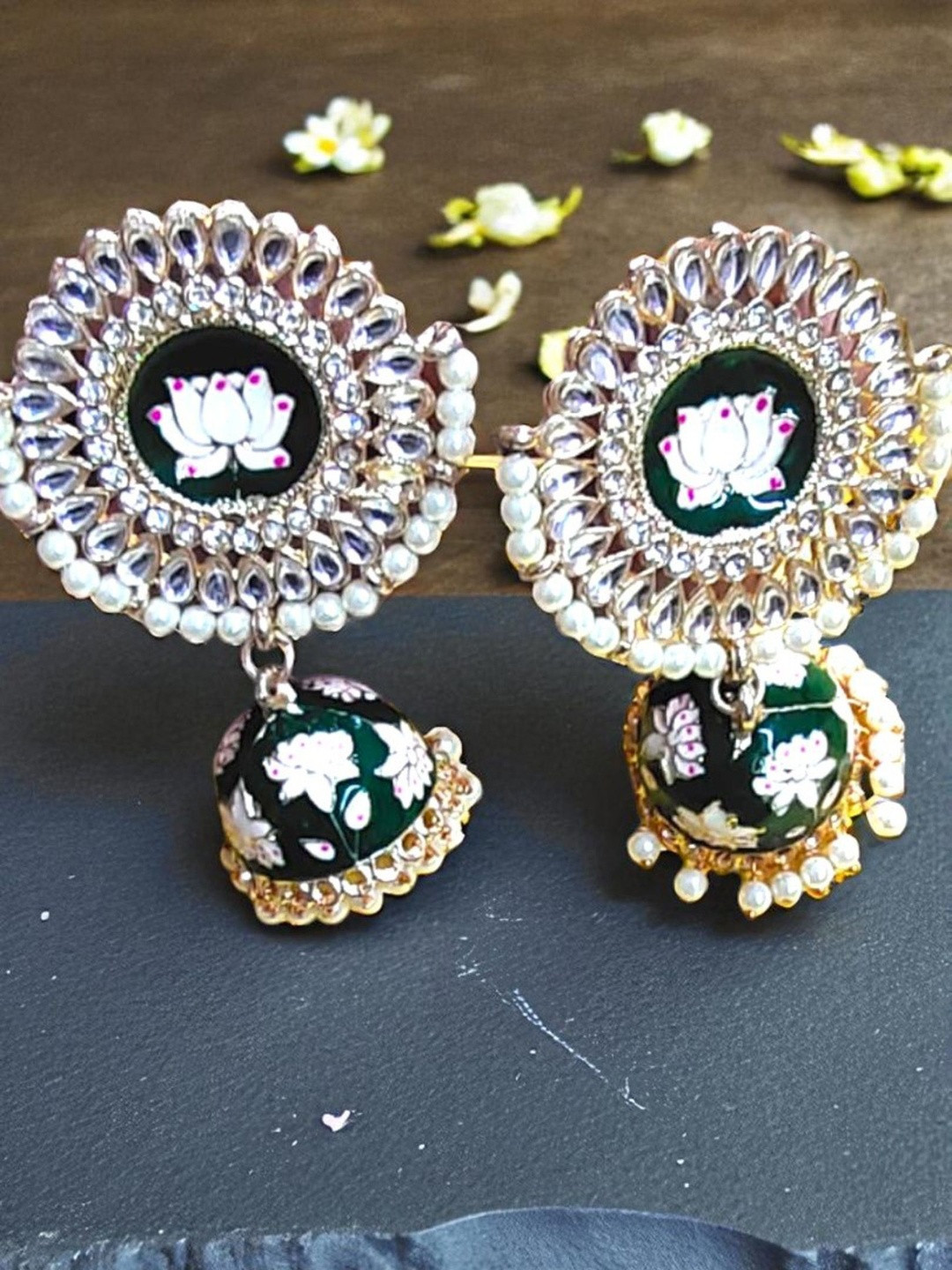 FASHION EMPIRE Brass-Plated Circular Shaped Kundan & Meenakari Lotus Jhumkas