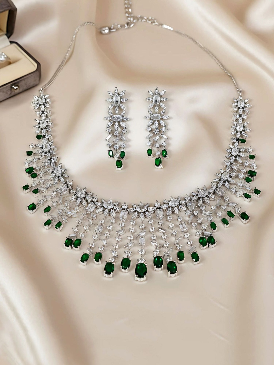 KARATCART Silver-Plated American Diamond Studded Jewellery Set