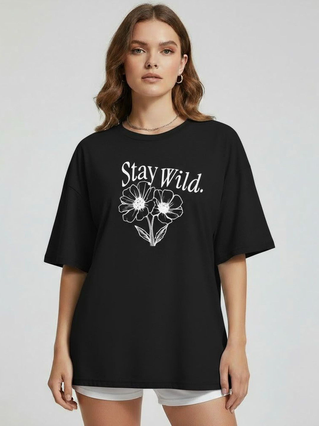 Calm Down Typography Printed Short Sleeve Cotton Oversized Round Neck T-shirt