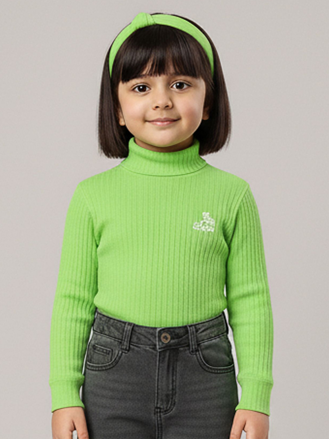 Zeal Girls Self Design High neck Long Sleeves Regular Fit Pure Cotton T-Shirt