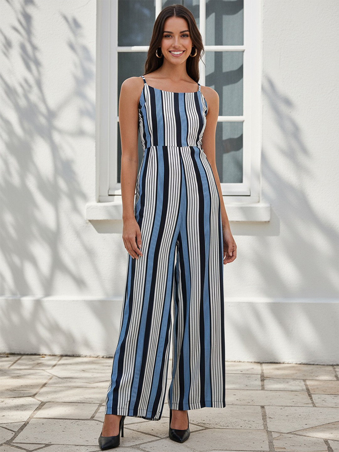 Freehand by The Indian Garage Co Women Striped Shoulder Straps Basic Jumpsuit