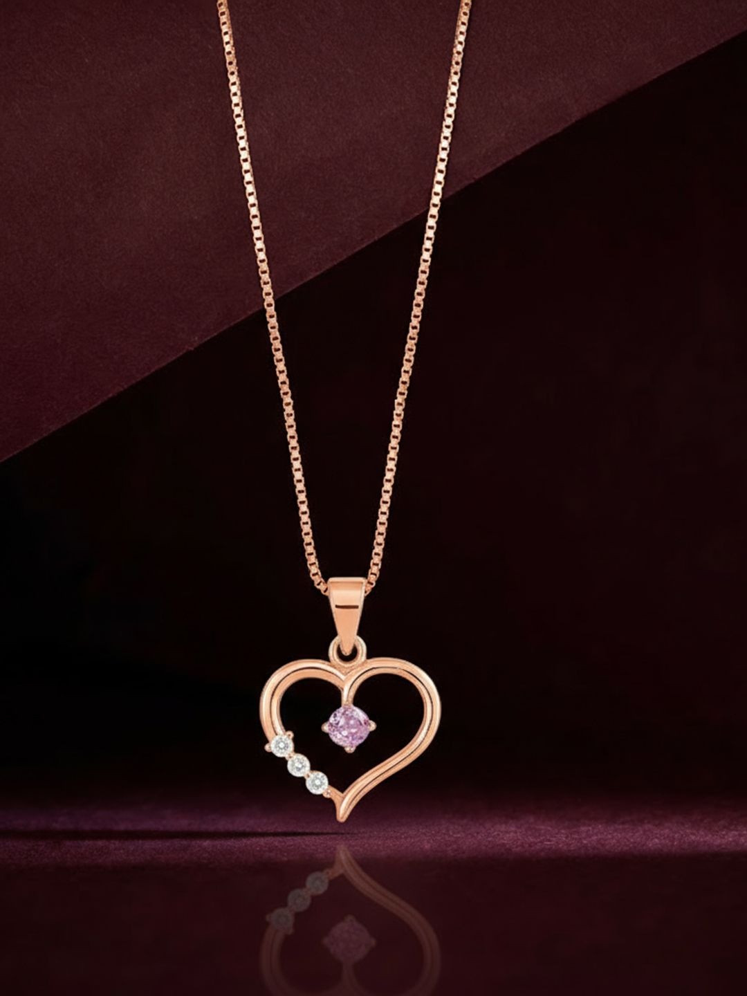Zavya The Center of My Heart Sterling Silver Rose Gold-Plated CZ Studded Pendant & Chain