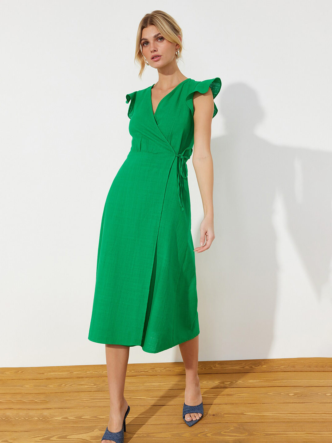 Trendyol Women V-neck Flutter Sleeve Wrap Midi Dress