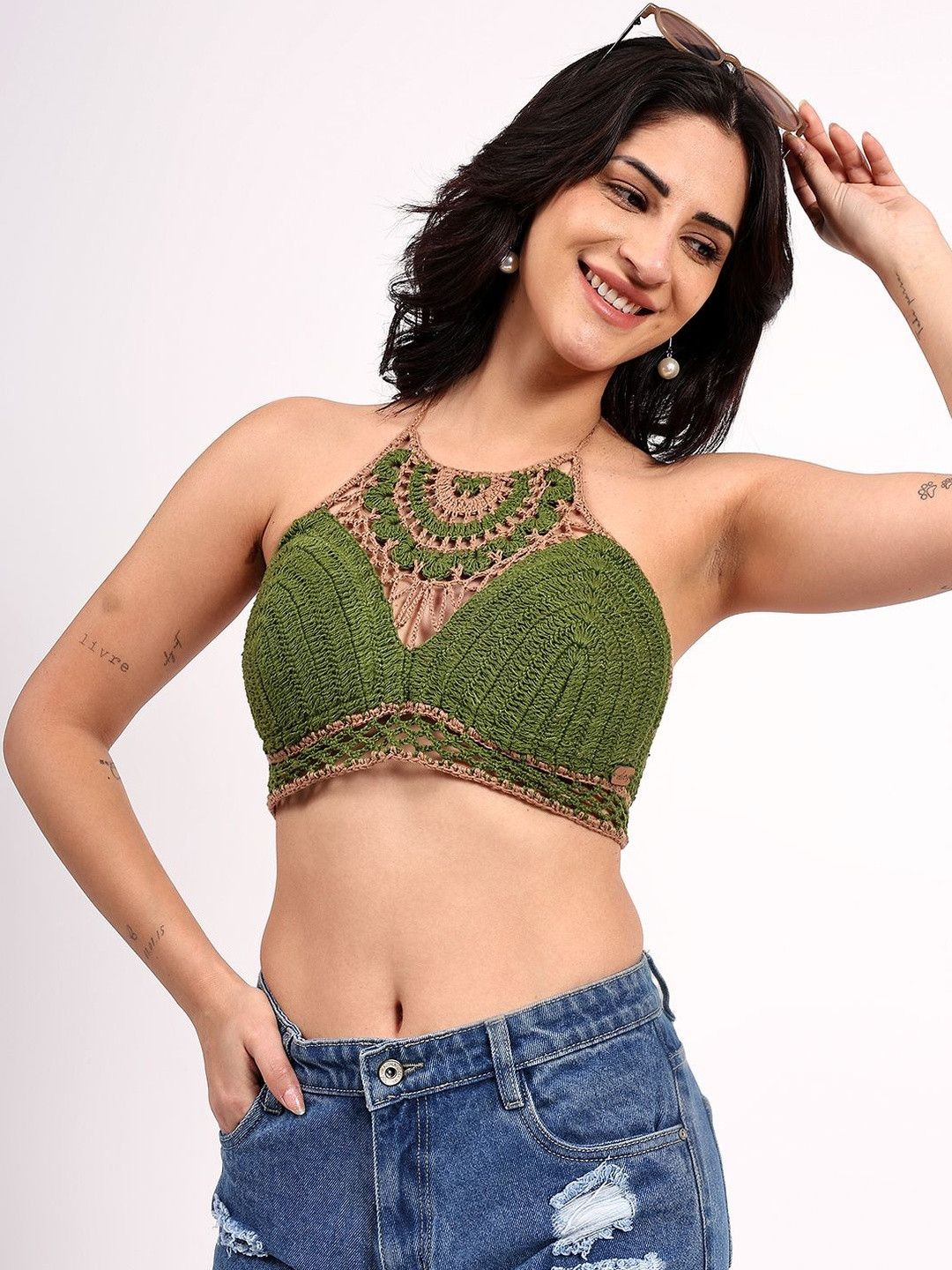 Velvery Women Handmade Crochet Halter Neck Cotton Bralette Crop Top