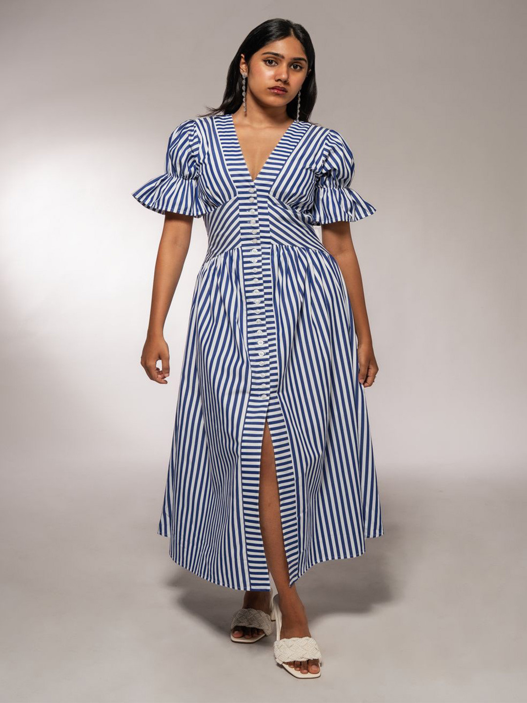 Valere Women Striped Slits Puff Sleeve Cotton Fit & Flare Maxi Dress