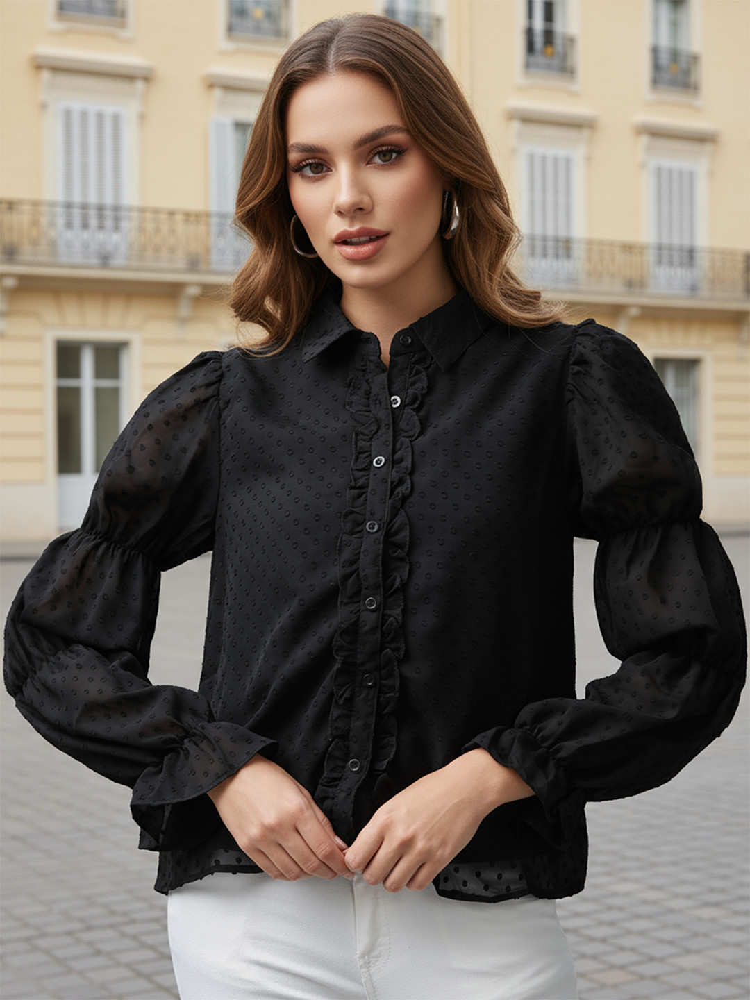 Freehand by The Indian Garage Co Self Design Puff Sleeves Casual Shirt