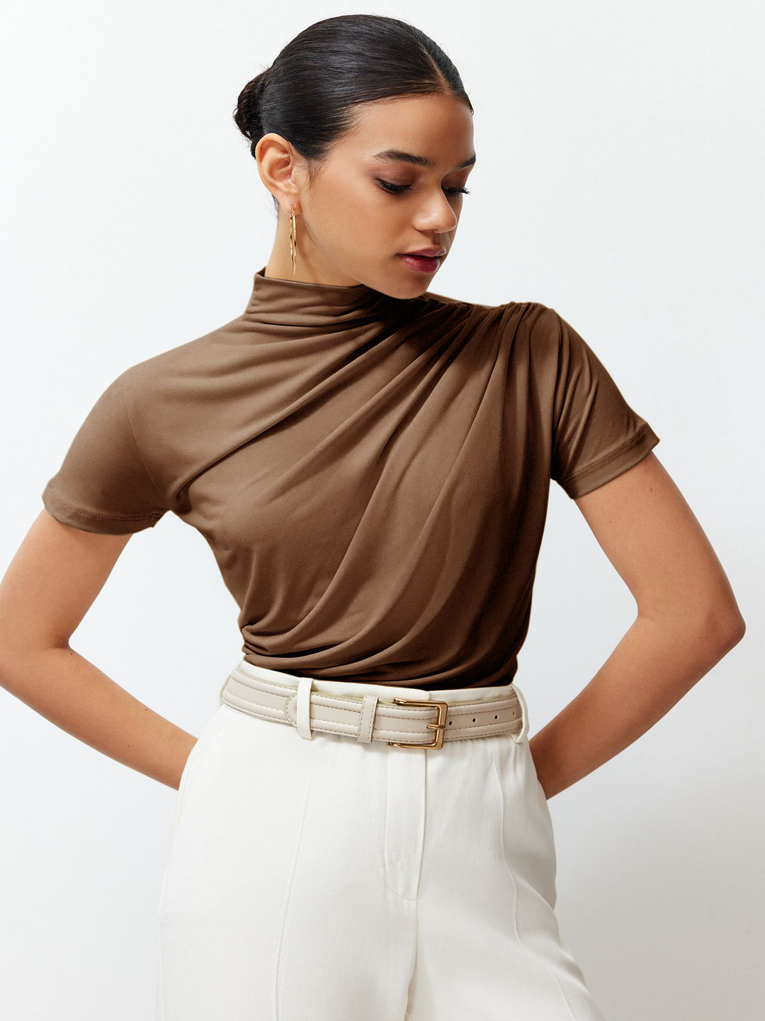 Trendyol Women Solid Brown High Neck Ruched Top