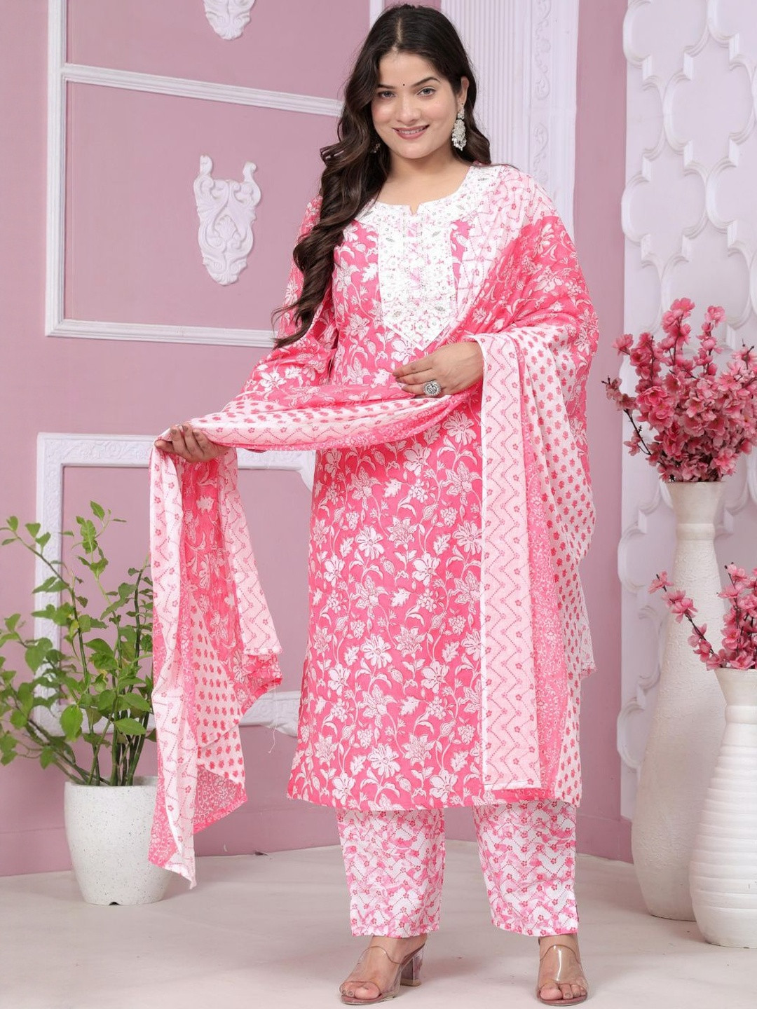 HIGHLIGHT FASHION EXPORT Plus Size Floral Printed Thread Work Pure Cotton Kurta Set