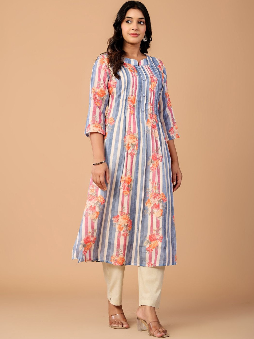 Indo Era Striped Pure Cotton A Line Kurta With Trousers