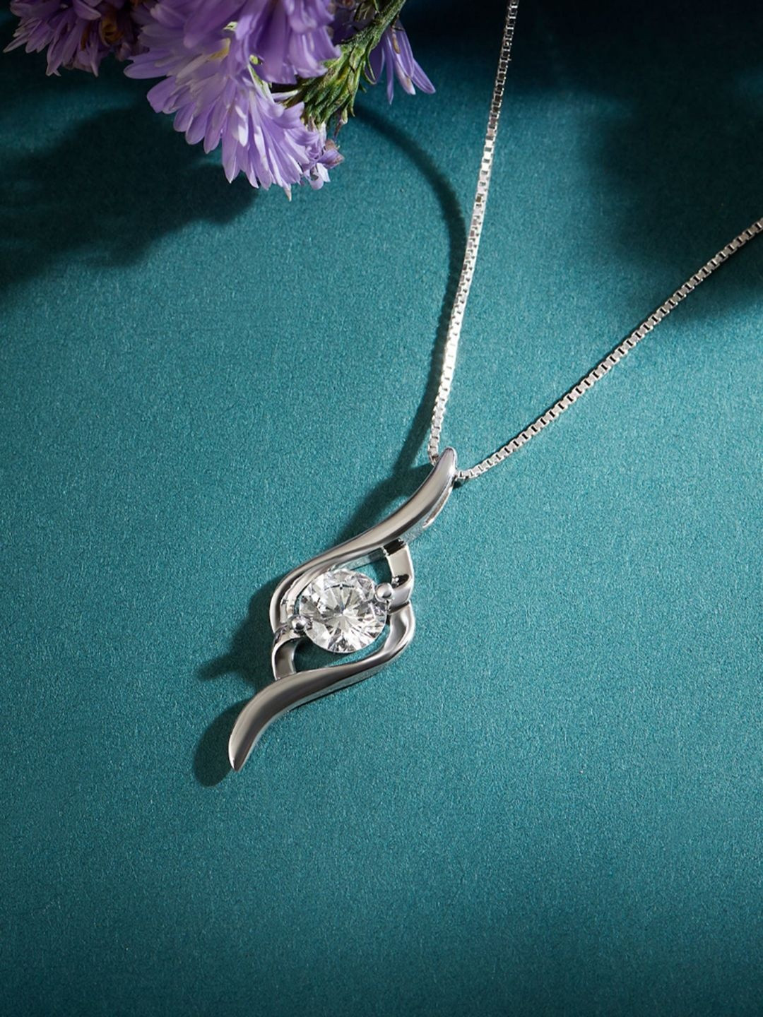 Zavya Her Inner Rhythm Solitaire Sterling Silver Rhodium-Plated CZ Studded Pendant & Chain