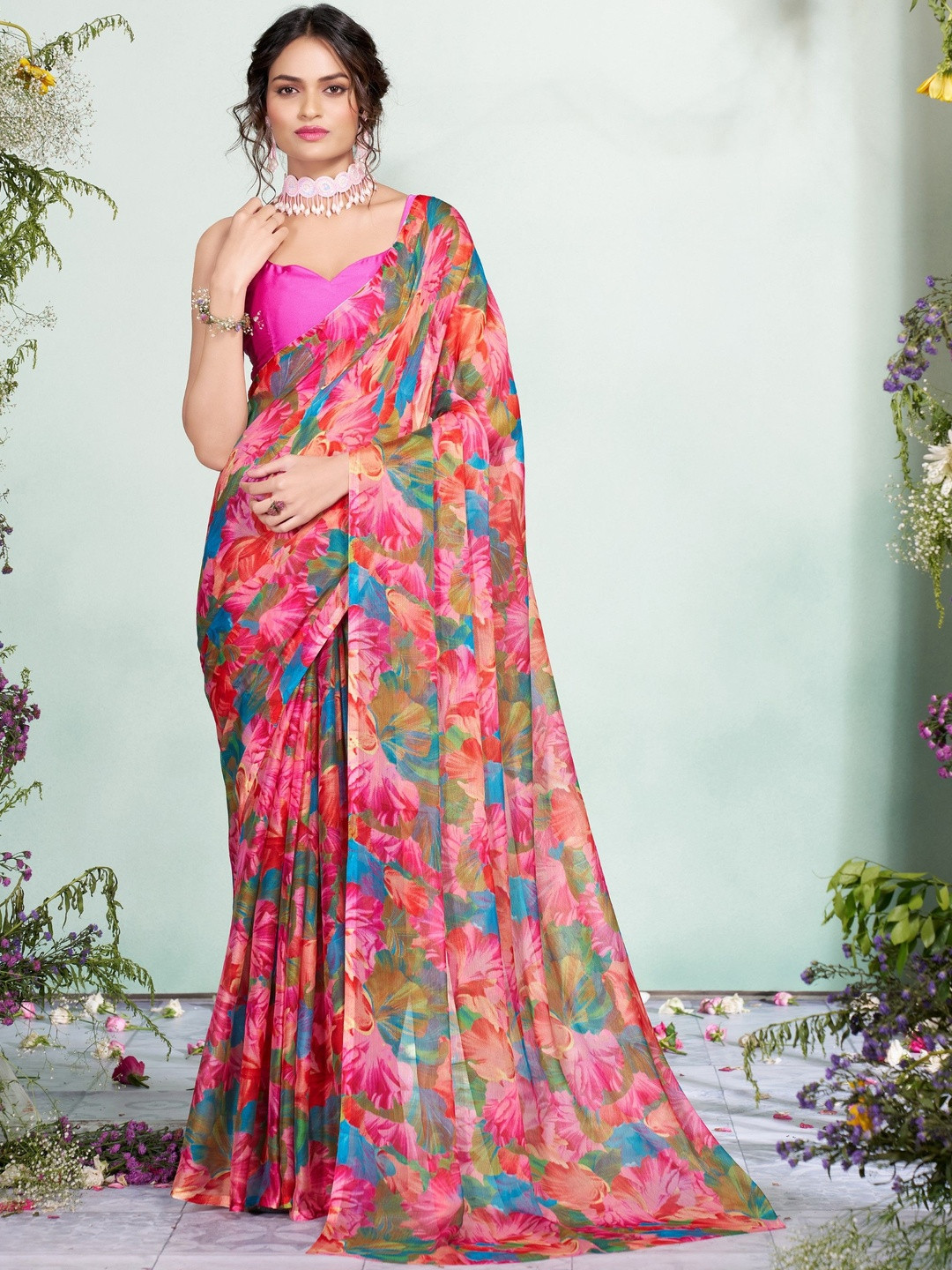 Garden Vareli Floral Printed Pure Chiffon Saree
