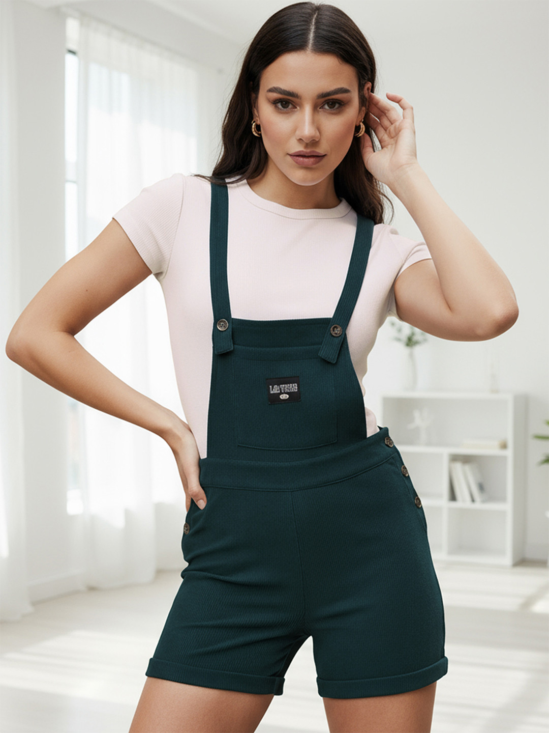 Freehand by The Indian Garage Co Green Ribbed Short Dungarees