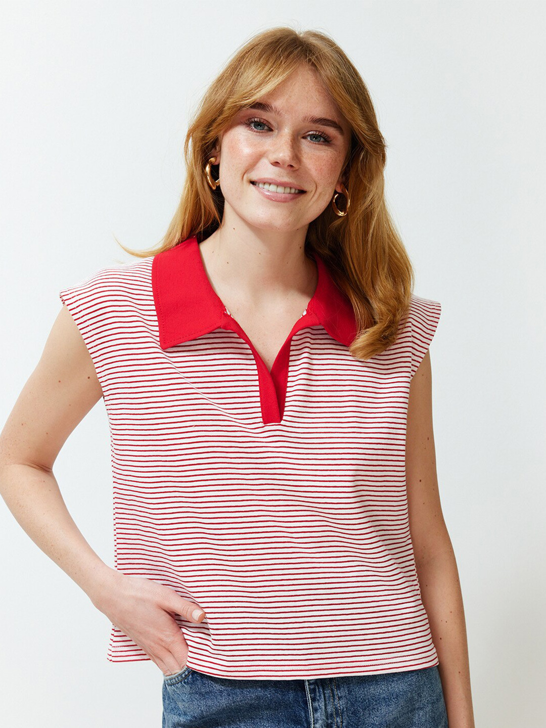 Trendyol Striped Polo Collar Extended Sleeves Pockets T-shirt
