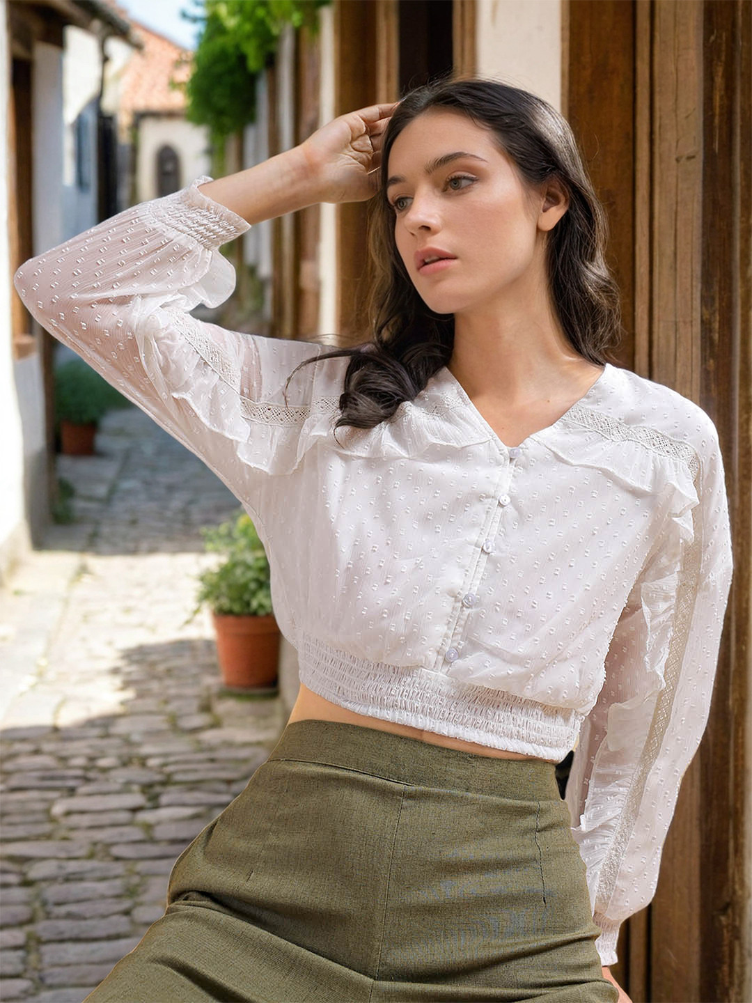 Freehand by The Indian Garage Co Self Design Puff Sleeve Blouson Crop Top