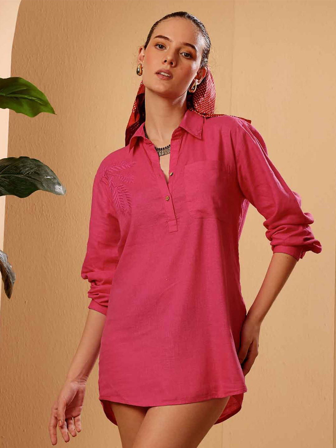 ELIAKI ENTERPRISES Floral Embroidered Spread Collar Oversized Classic Shirt