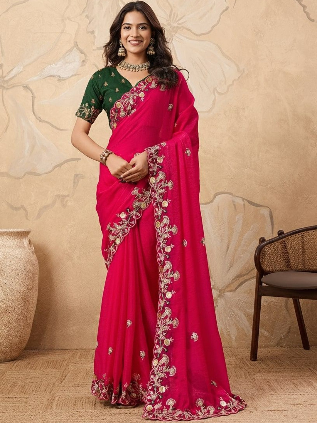 HERE&NOW Navyasha Embellished Beads and Stones Tissue Saree with Blouse Piece