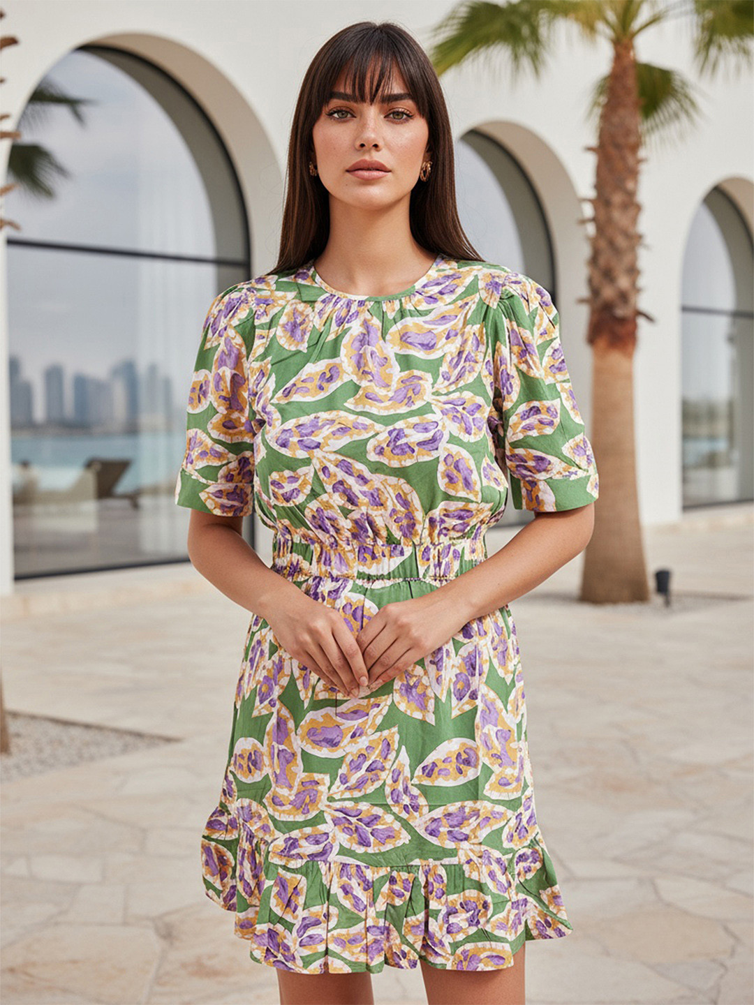 Freehand by The Indian Garage Co Green, Purple  White Floral Printed Puff Sleeves A-Line Dress