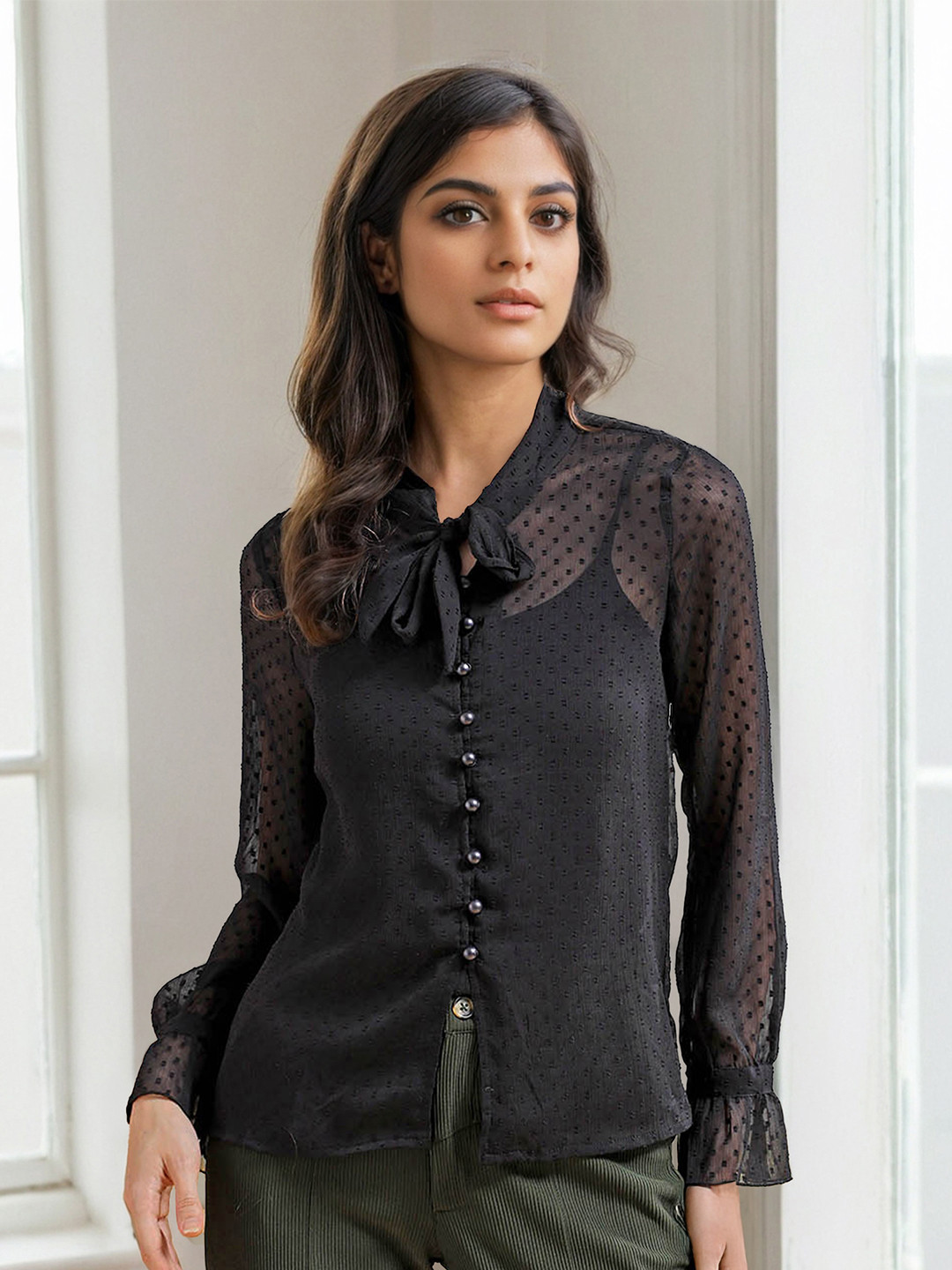 Freehand by The Indian Garage Co Self Design Tie-Up Neck Sheer Ruffled Shirt Style Top