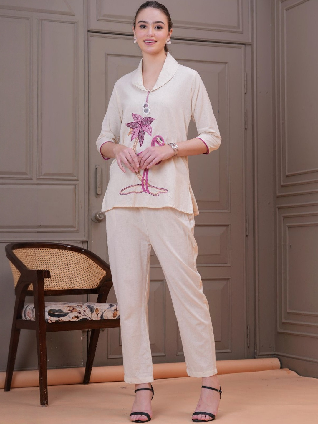 HIGHLIGHT FASHION EXPORT Womens Cream Embroidered Coord Set