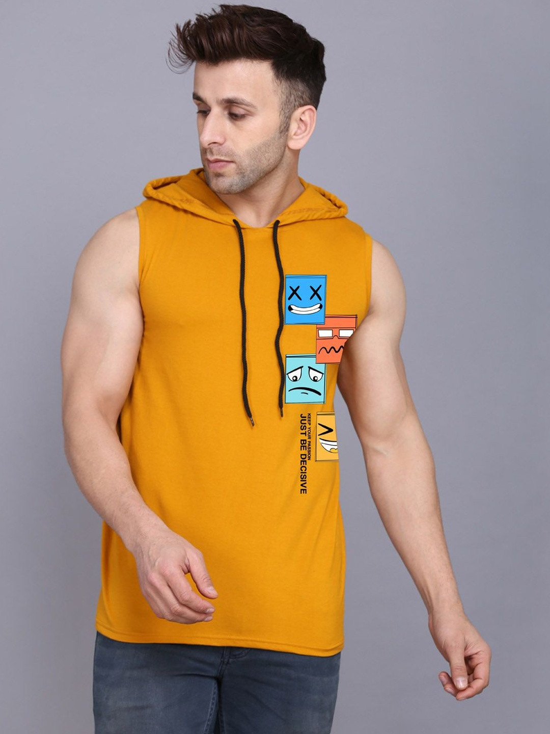 TEEFOX Graphic Printed Hooded Sleeveless Casual T-shirt