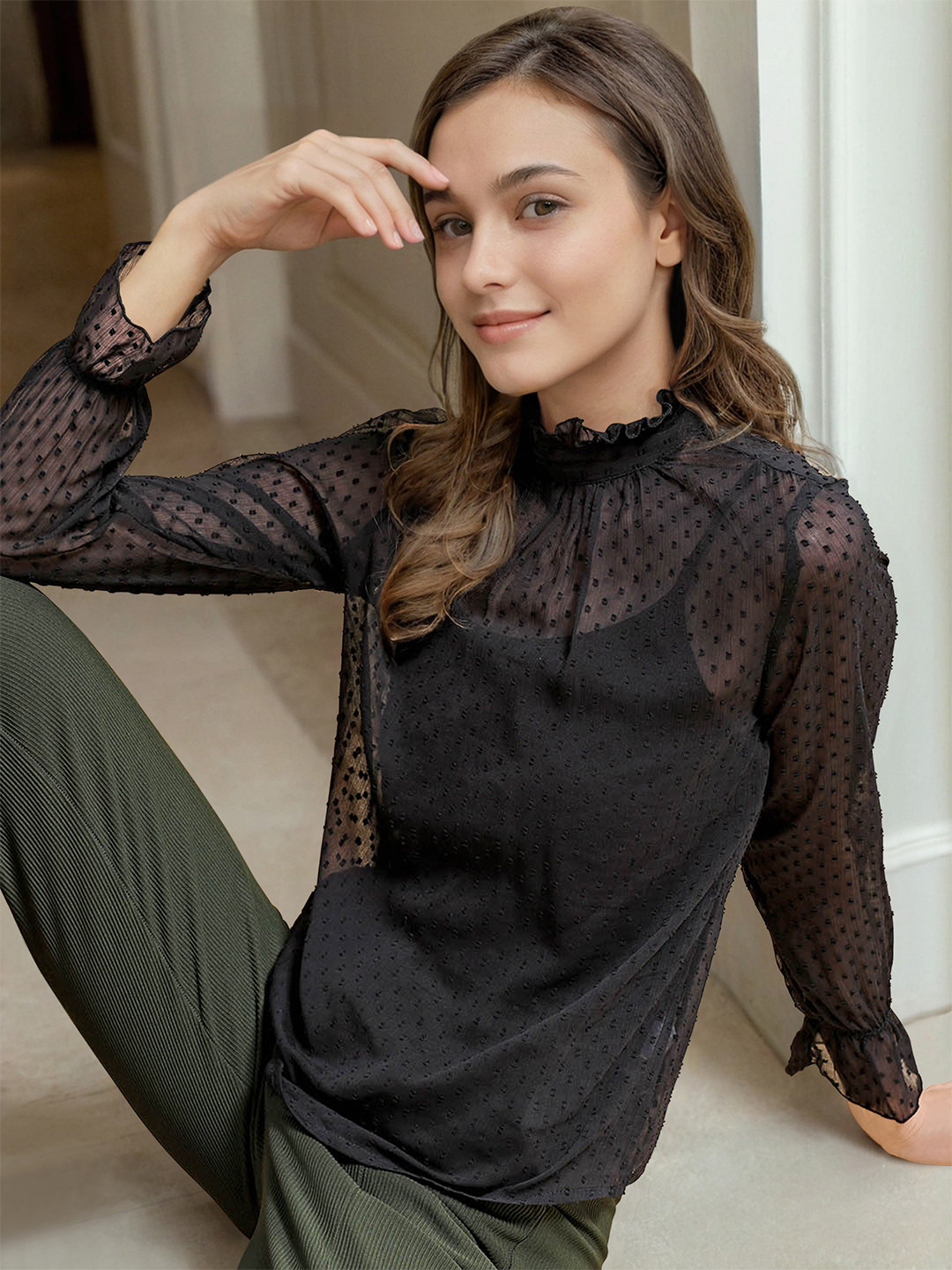 Freehand by The Indian Garage Co Self Design Sheer Ruffled Top