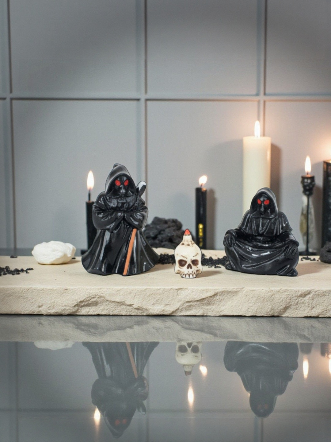 Ascension Black Glossy Living Room 3 Pieces Tiny Grim Reaper Showpieces