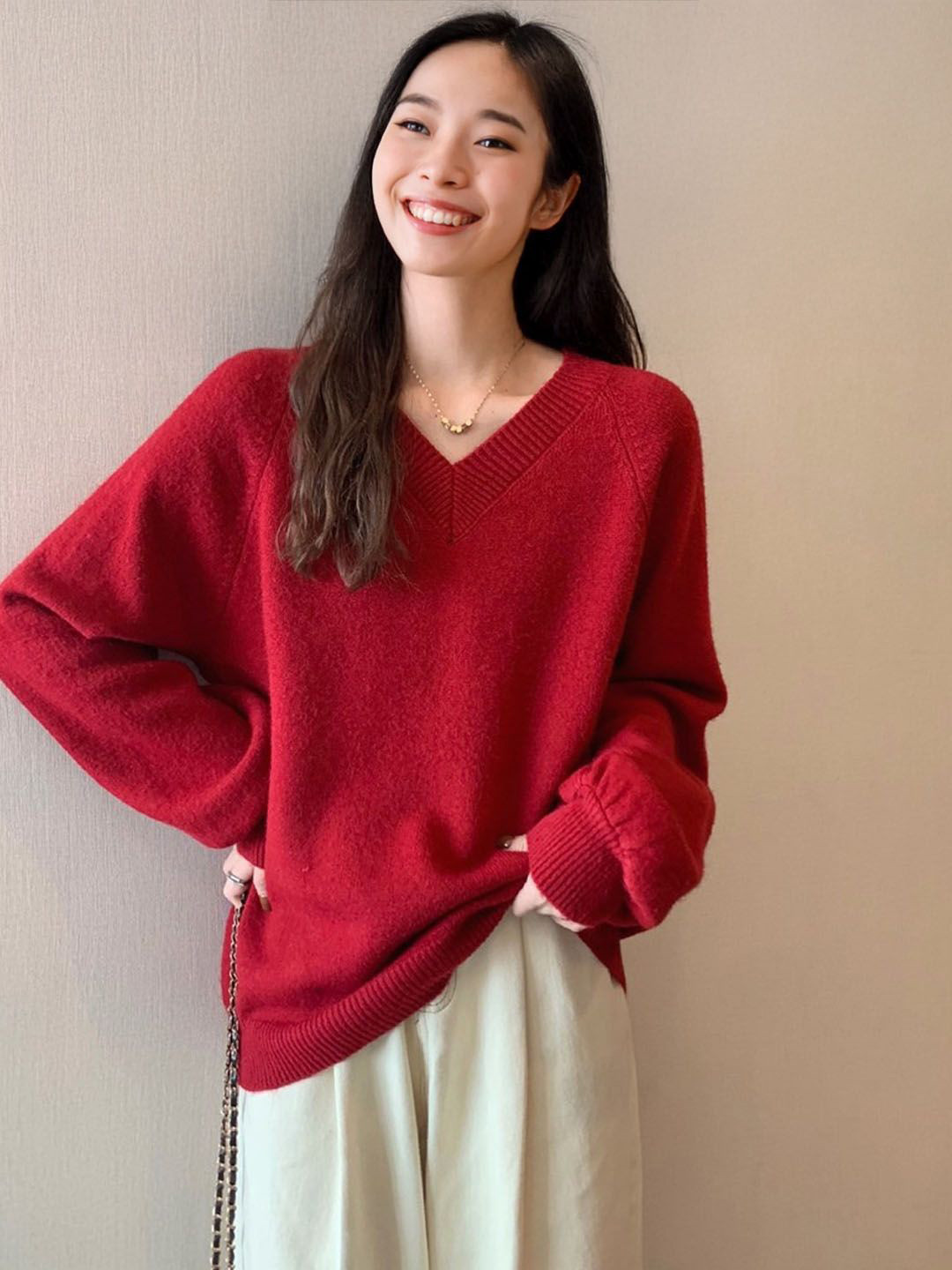 StyleCast Women V-Neck Long Sleeves Oversize Pullover Sweater