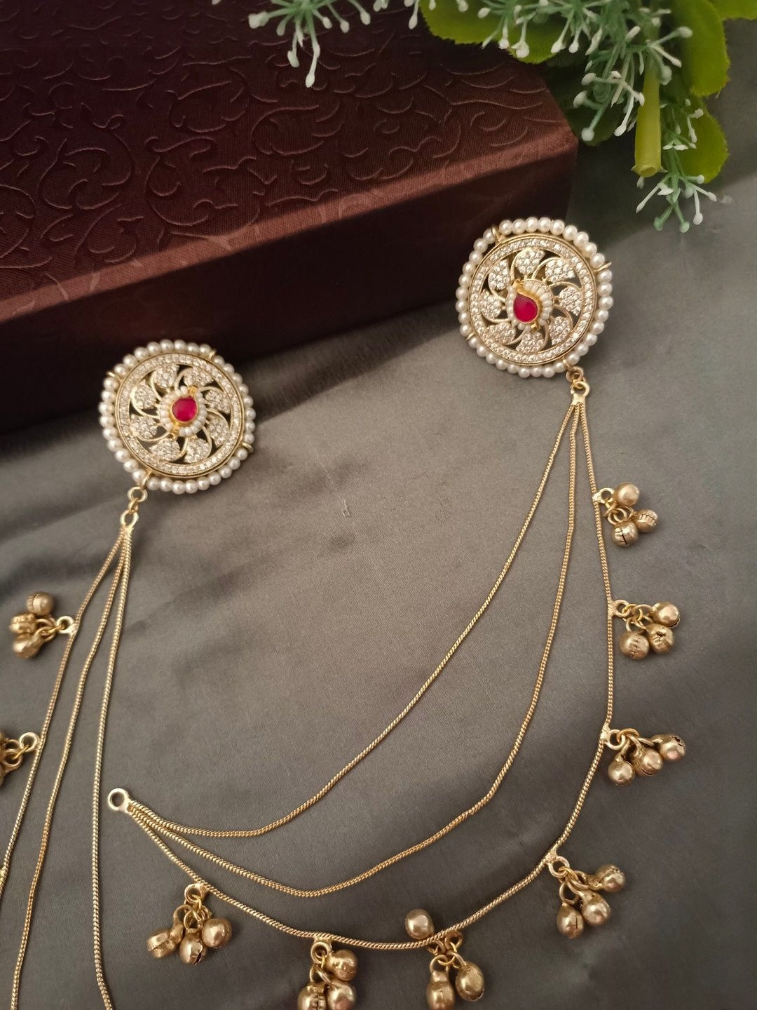 Sanjog Brass-Plated Kundan Studded & Artificial Beaded Circular Kashmiri Earchains