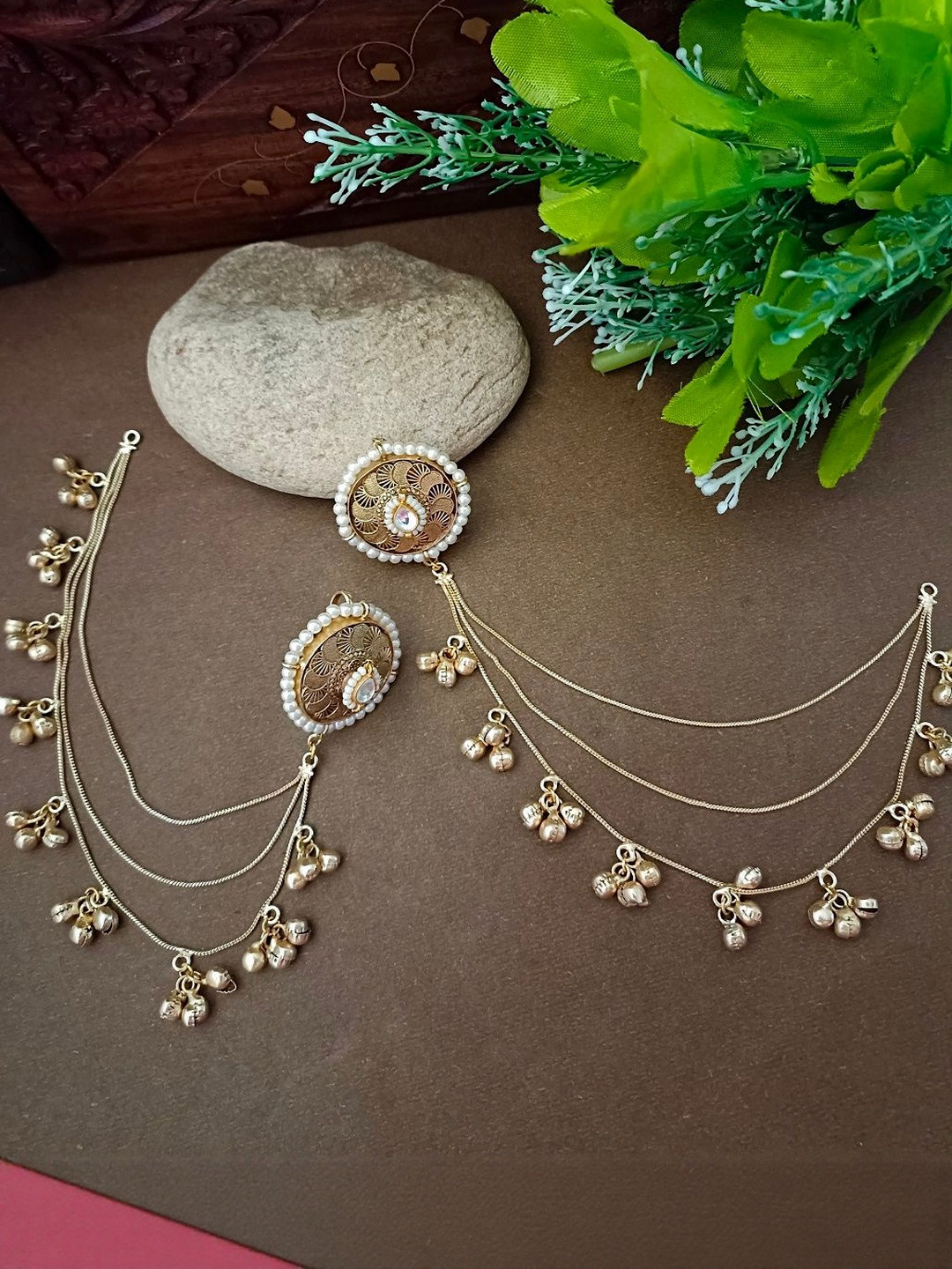 Sanjog Brass-Plated Kundan Studded & Artificial Beaded Geometric Kashmiri Earchains