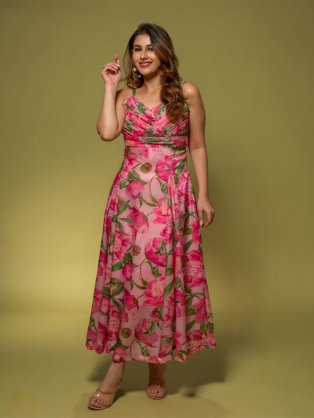 Valere Women Floral Printed Shoulder Straps Fit and Flare Midi Dress