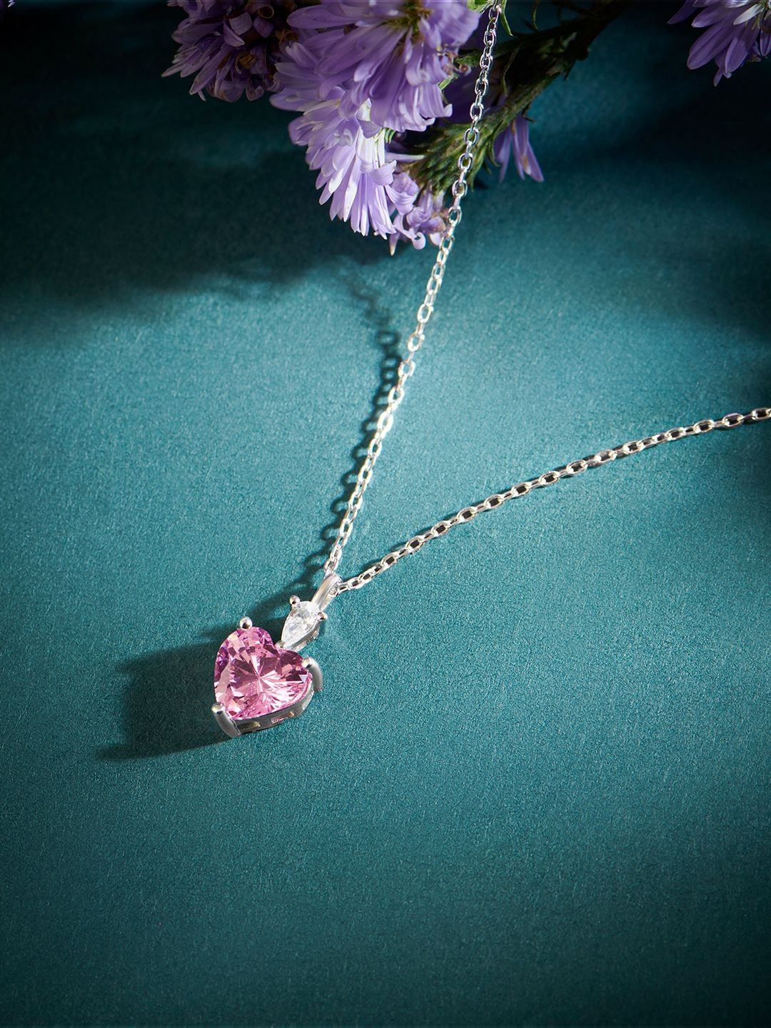 Zavya Her Heart's First Blush Sterling Silver Rhodium-Plated CZ Studded Necklace