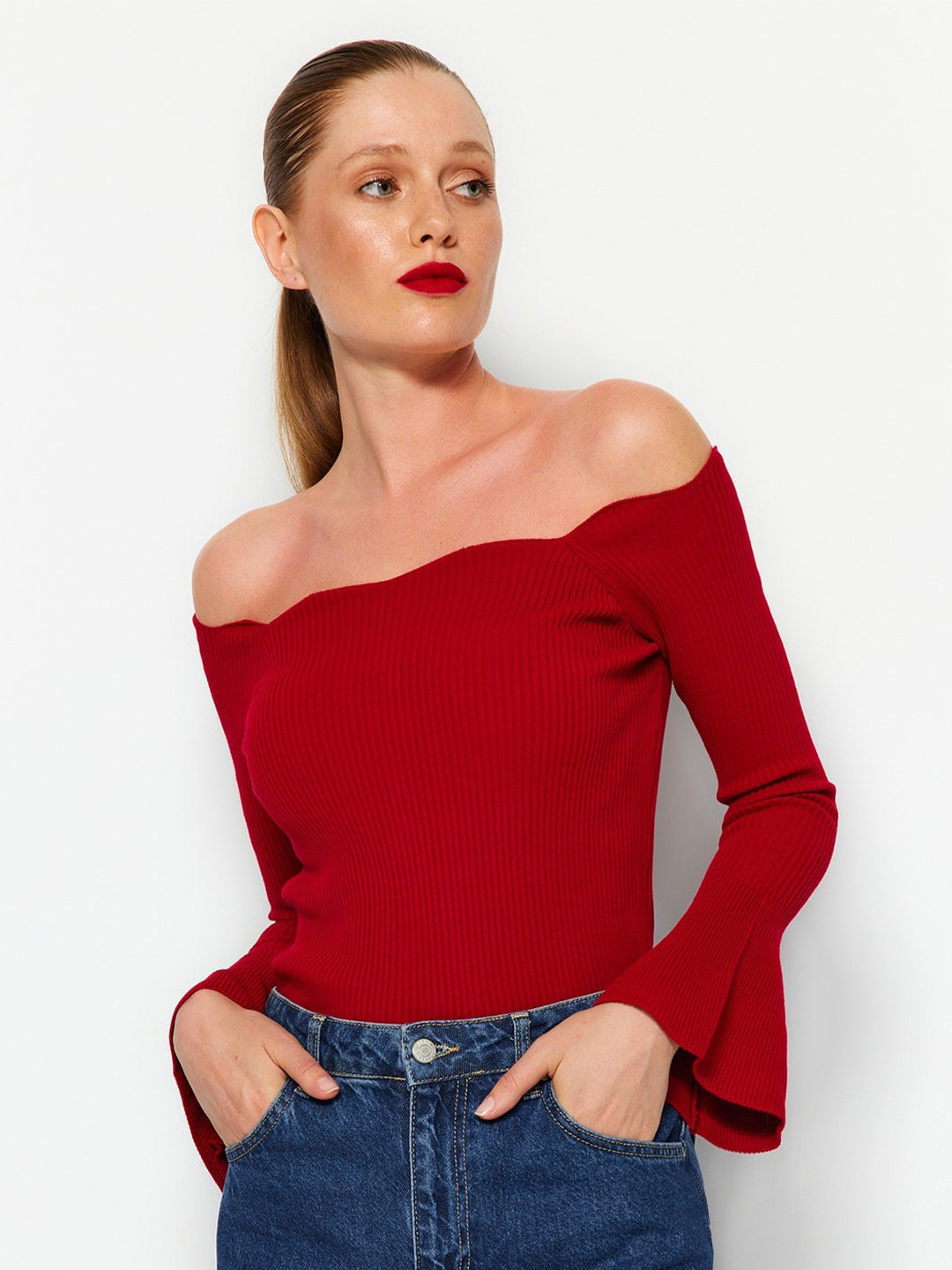 Trendyol Self Designed Off Shoulder Acrylic Fitted Top