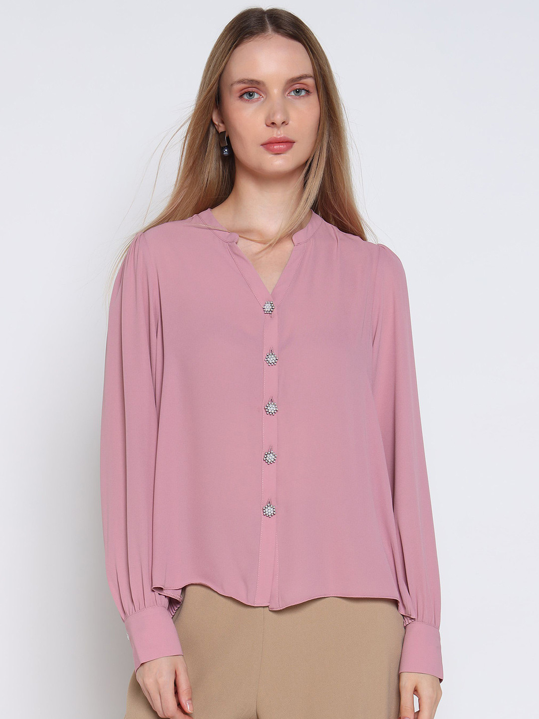 COVER STORY Mandarin Collar Pleated Regular Fit Shirt