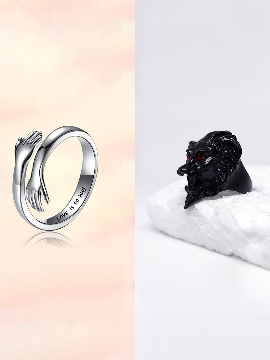 Teeragaj Set Of 2 Hug & Lion Adjustable Finger Rings