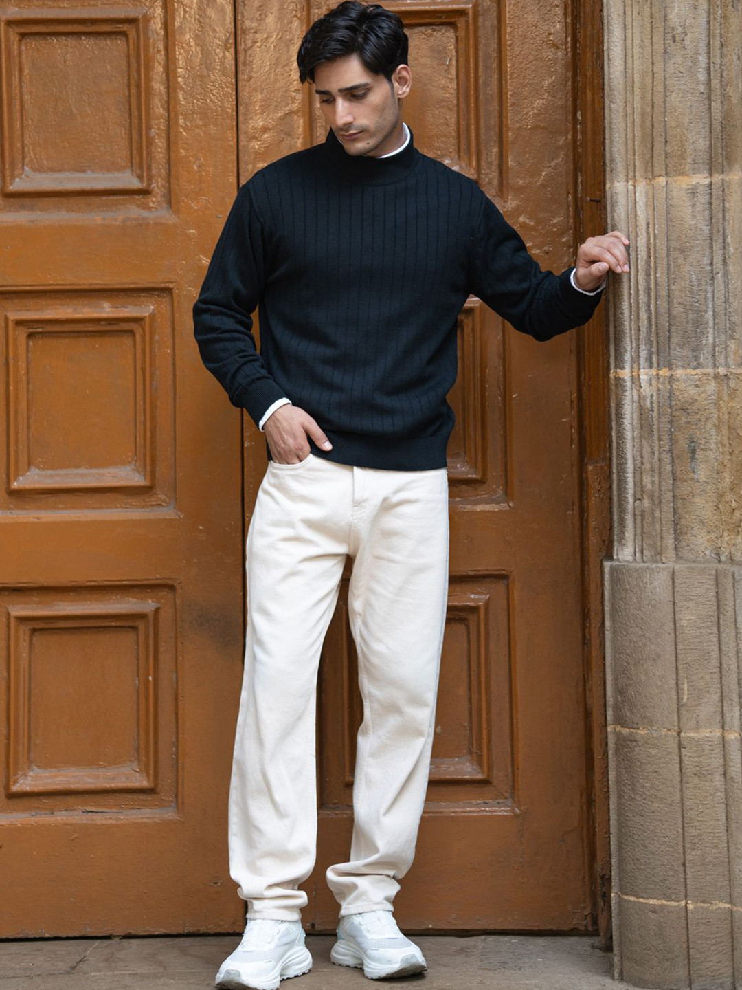 Powerlook Men Black Structure Stripe High Neck Sweater