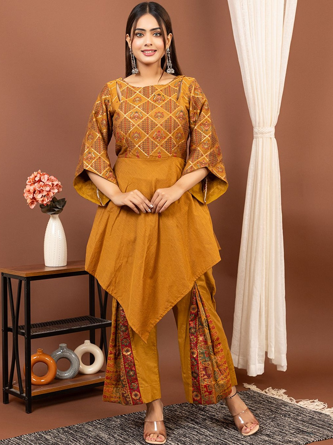 KIDAR Embroidered Round Neck Romantic Florals Tunic & Trousers