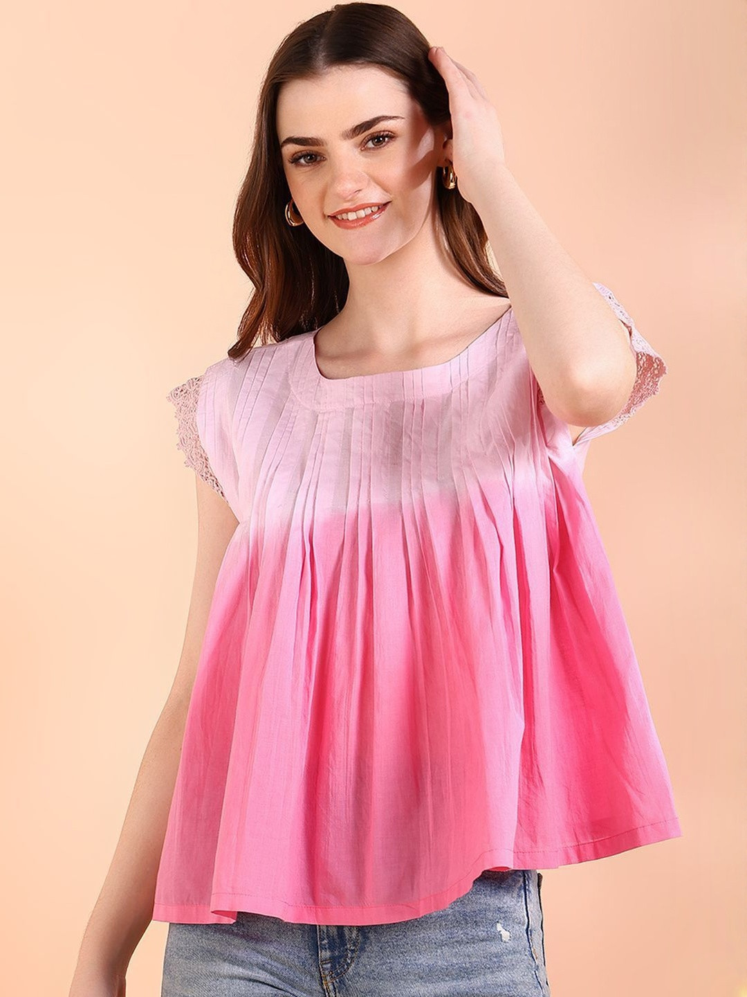 Chandbaali Women Ombre Dyed Round Neck Pleated Regular Cotton Top