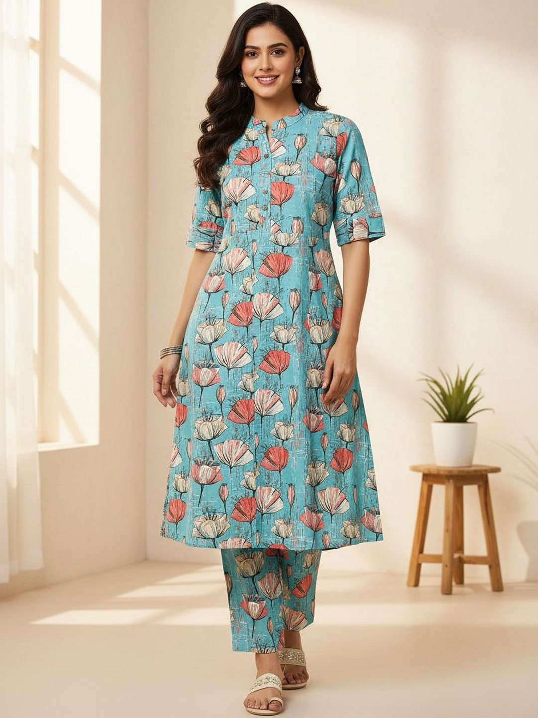 Gopi Prem Floral Printed Band Collar Pure Cotton A-Line Kurta With Trousers