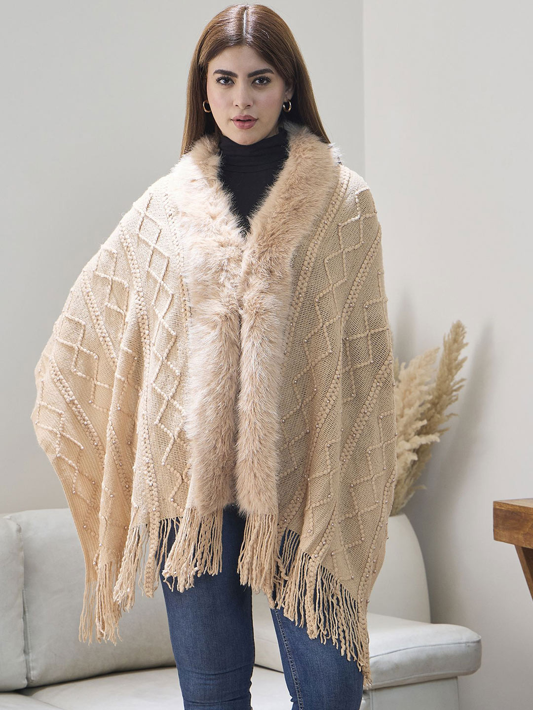 InWeave Women Cable Knit Poncho with Fuzzy Detail